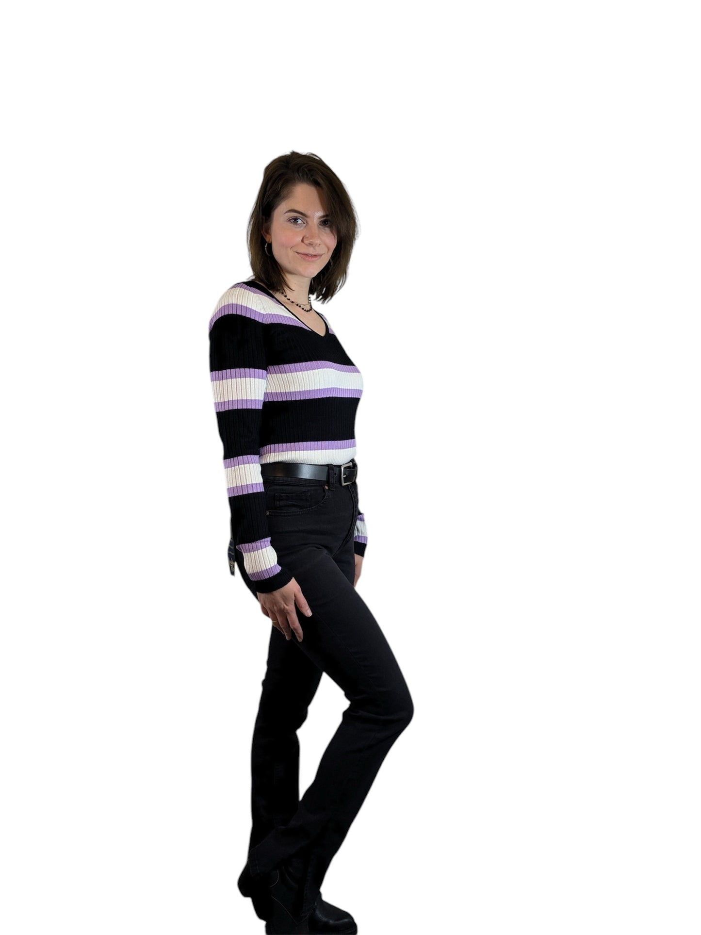 Boutique Purple & Black Striped Ribbed Sweater Top Multiple Sizes