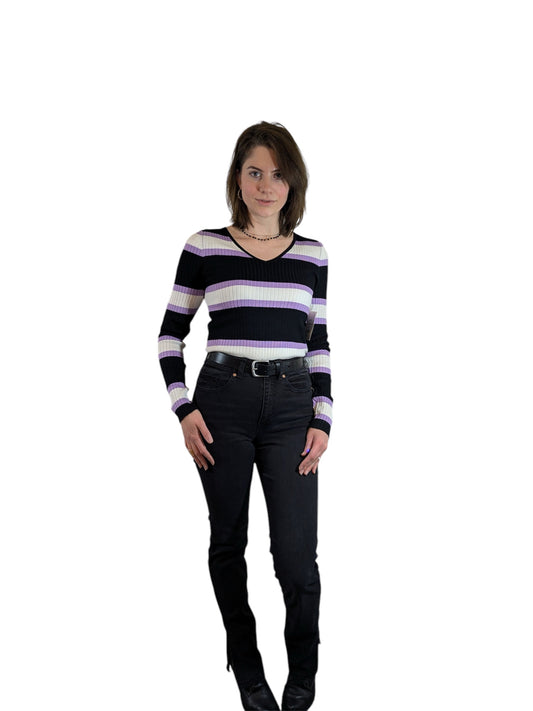 Boutique Purple & Black Striped Ribbed Sweater Top Multiple Sizes