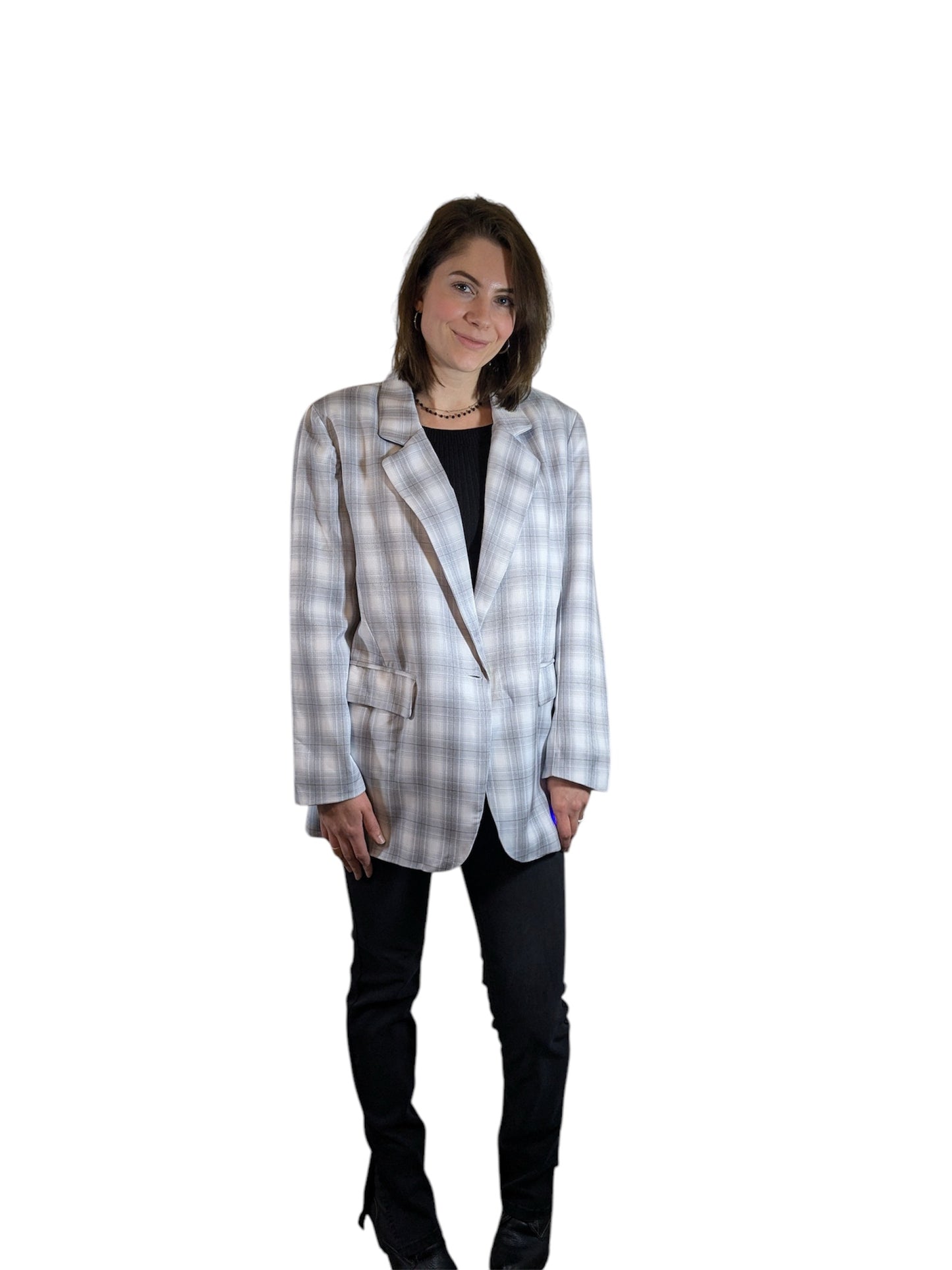 Boutique Light Gray & White Plaid Oversized Blazer Multiple Sizes