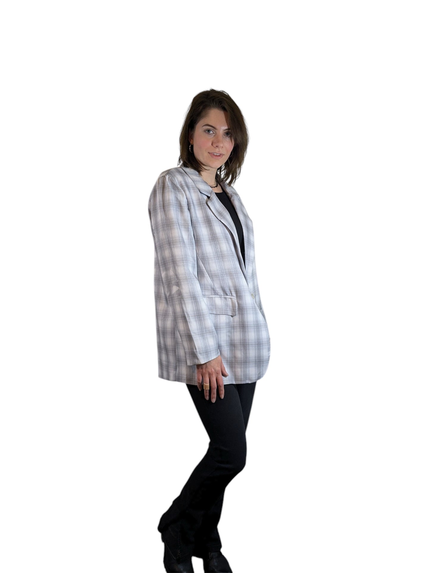 Boutique Light Gray & White Plaid Oversized Blazer Multiple Sizes