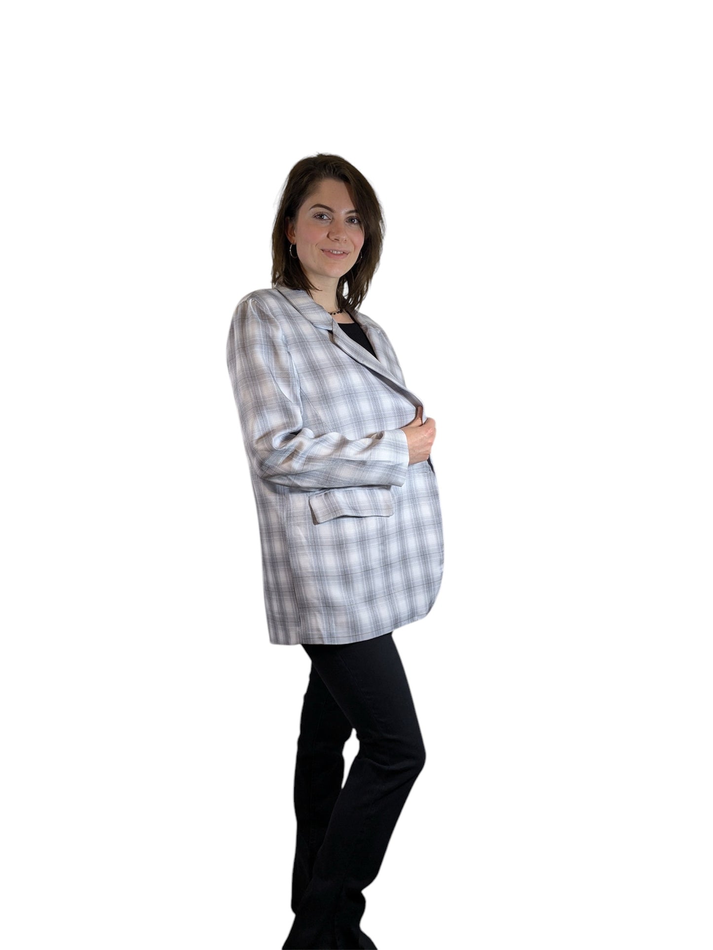 Boutique Light Gray & White Plaid Oversized Blazer Multiple Sizes