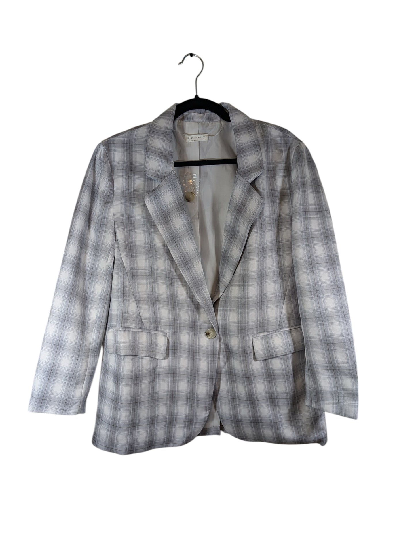 Boutique Light Gray & White Plaid Oversized Blazer Multiple Sizes