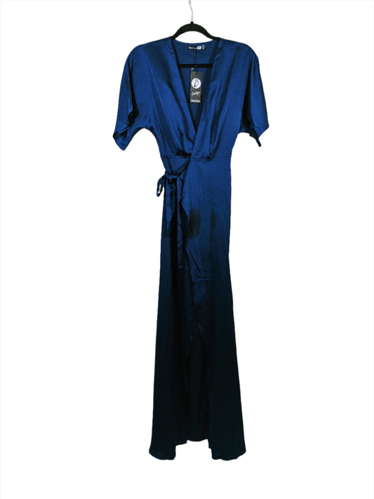 Boohoo Dark Blue Short Sleeve Satin Kimono Maxi Wrap Dress Size 6