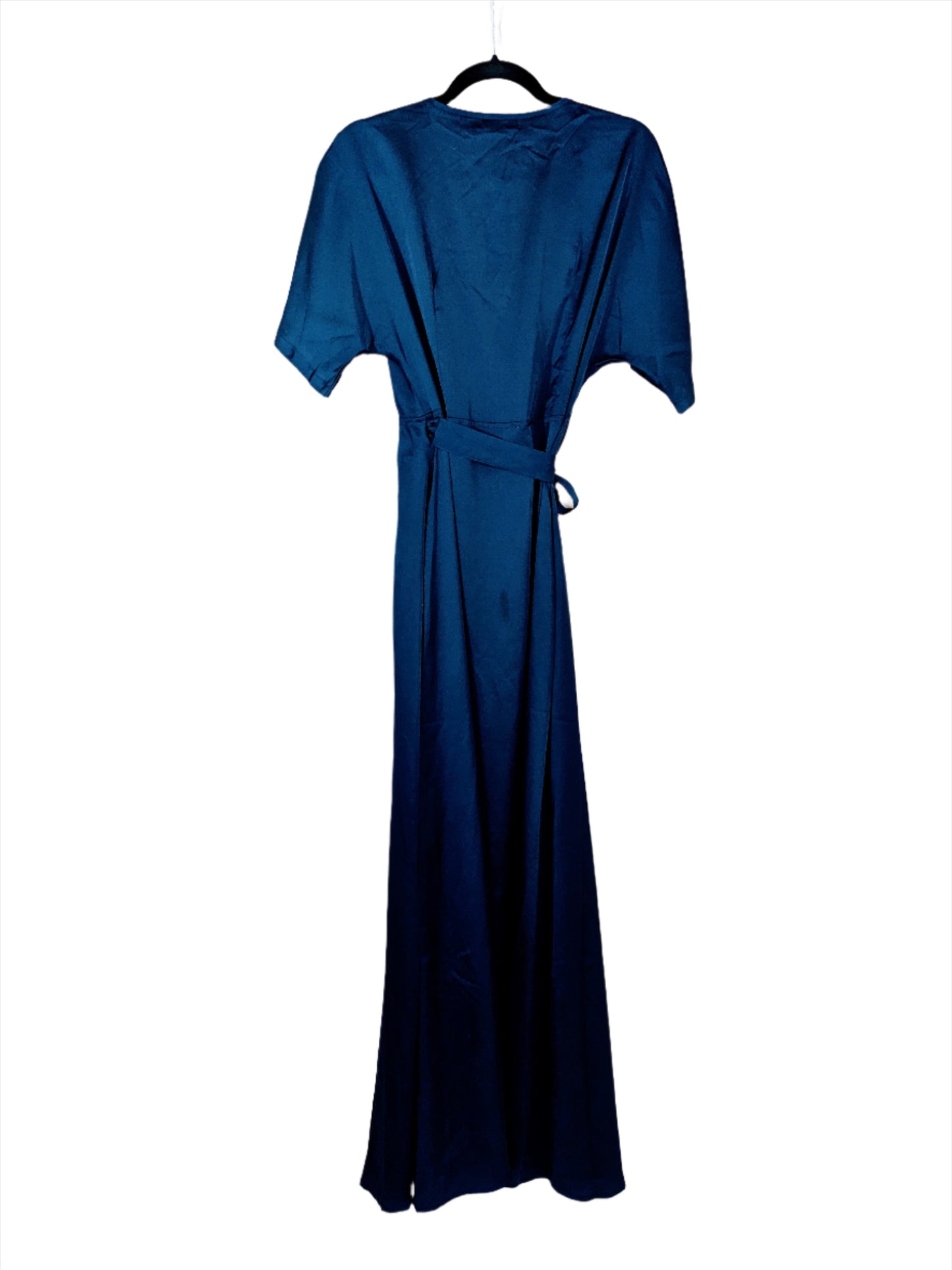 Boohoo Dark Blue Short Sleeve Satin Kimono Maxi Wrap Dress Size 6