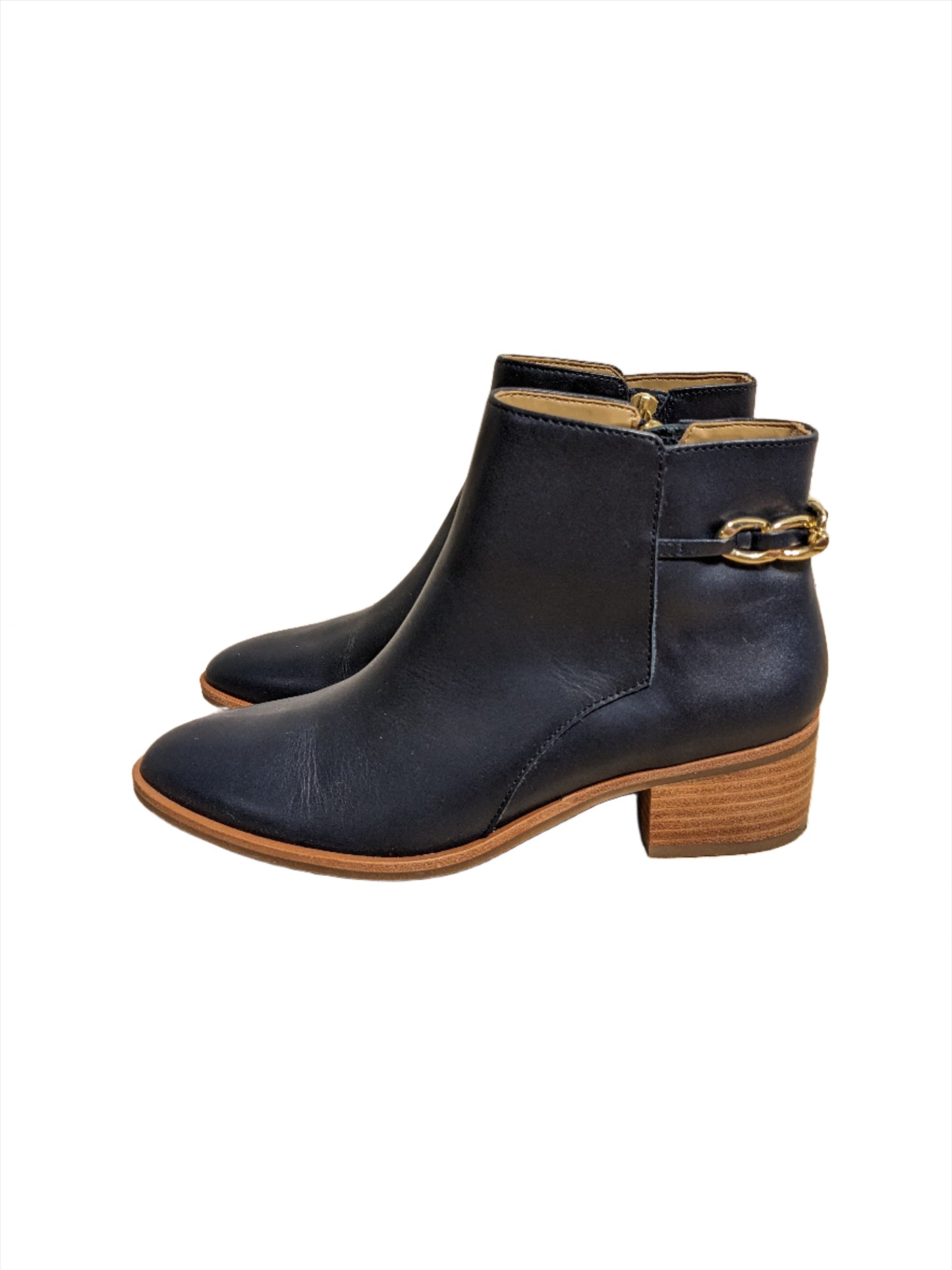 Talbots Navy Blue Ankle Boots w/Gold Chain Accent Size 7.5