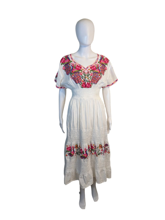 Royal ModaWhite Dress with Pink Floral Embroidery Size S