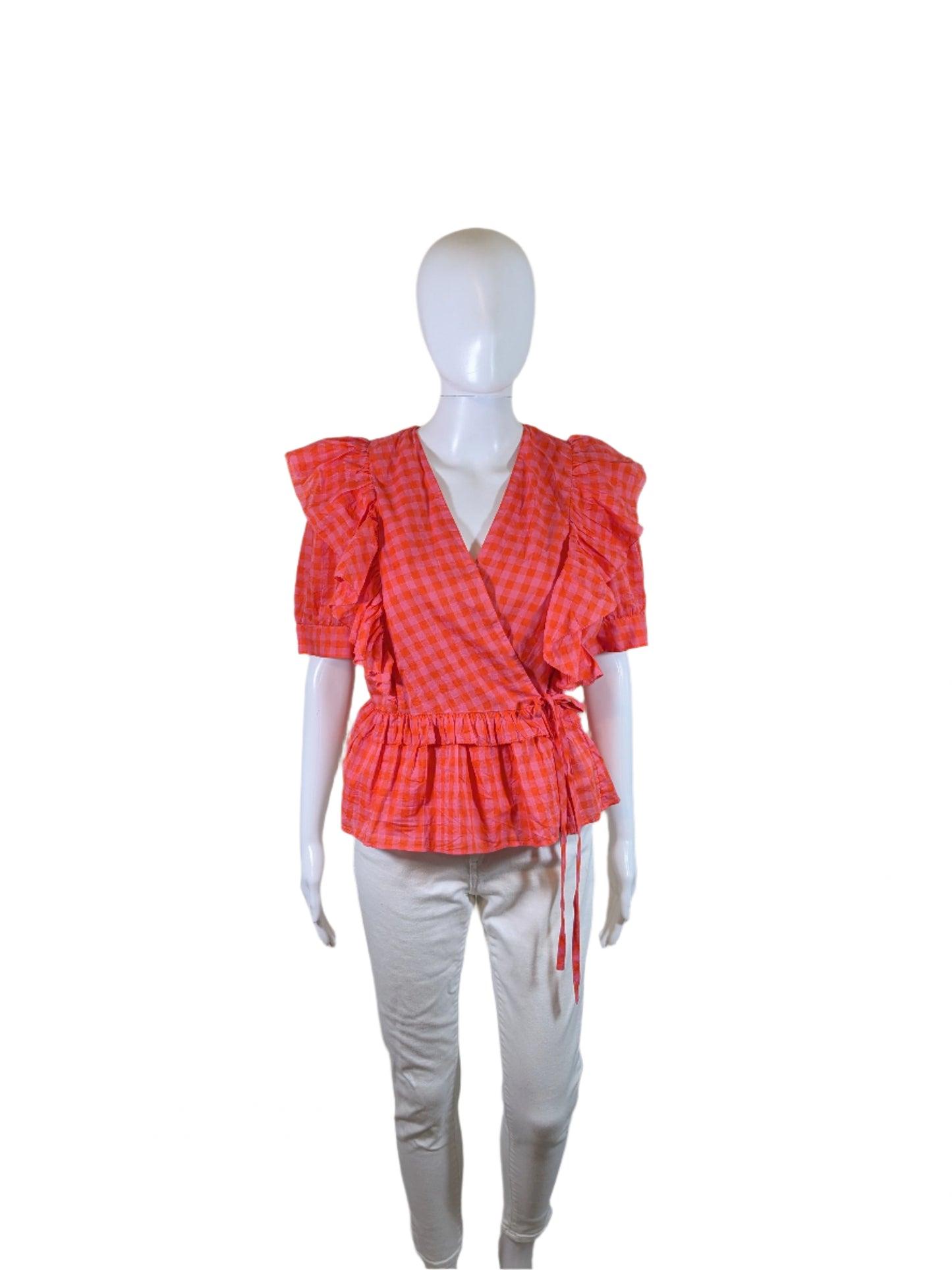 J. Crew Pink & Orange Check Wrap Blouse Size S