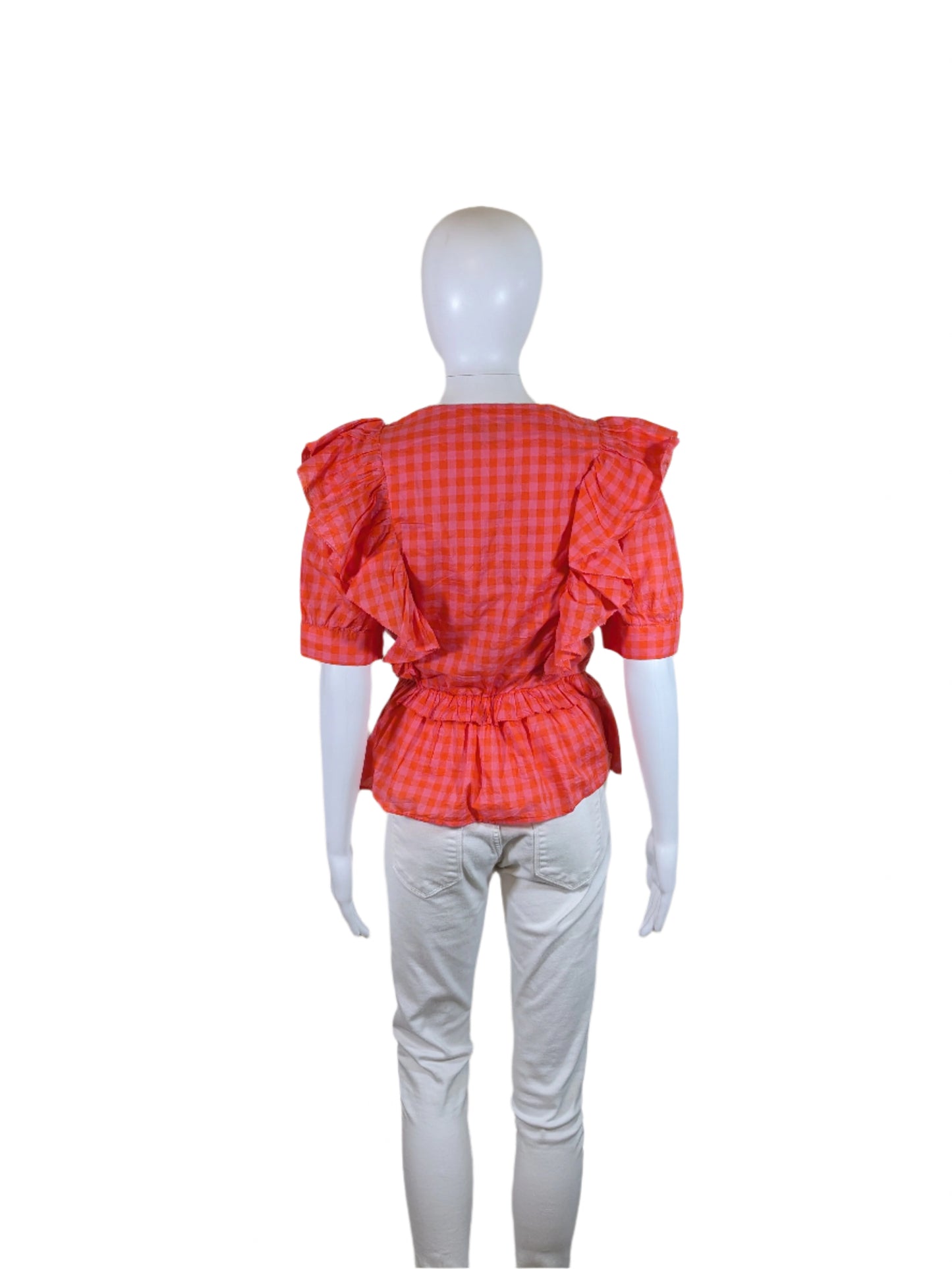 J. Crew Pink & Orange Check Wrap Blouse Size S